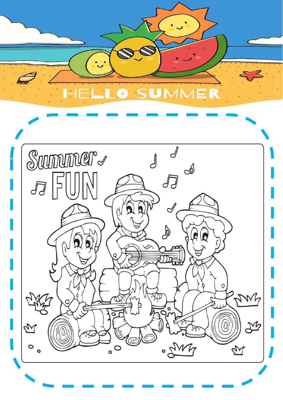 Summer Fun coloring page: students color three campers in hats roasting marshmallows around a campfire as one plays guitar