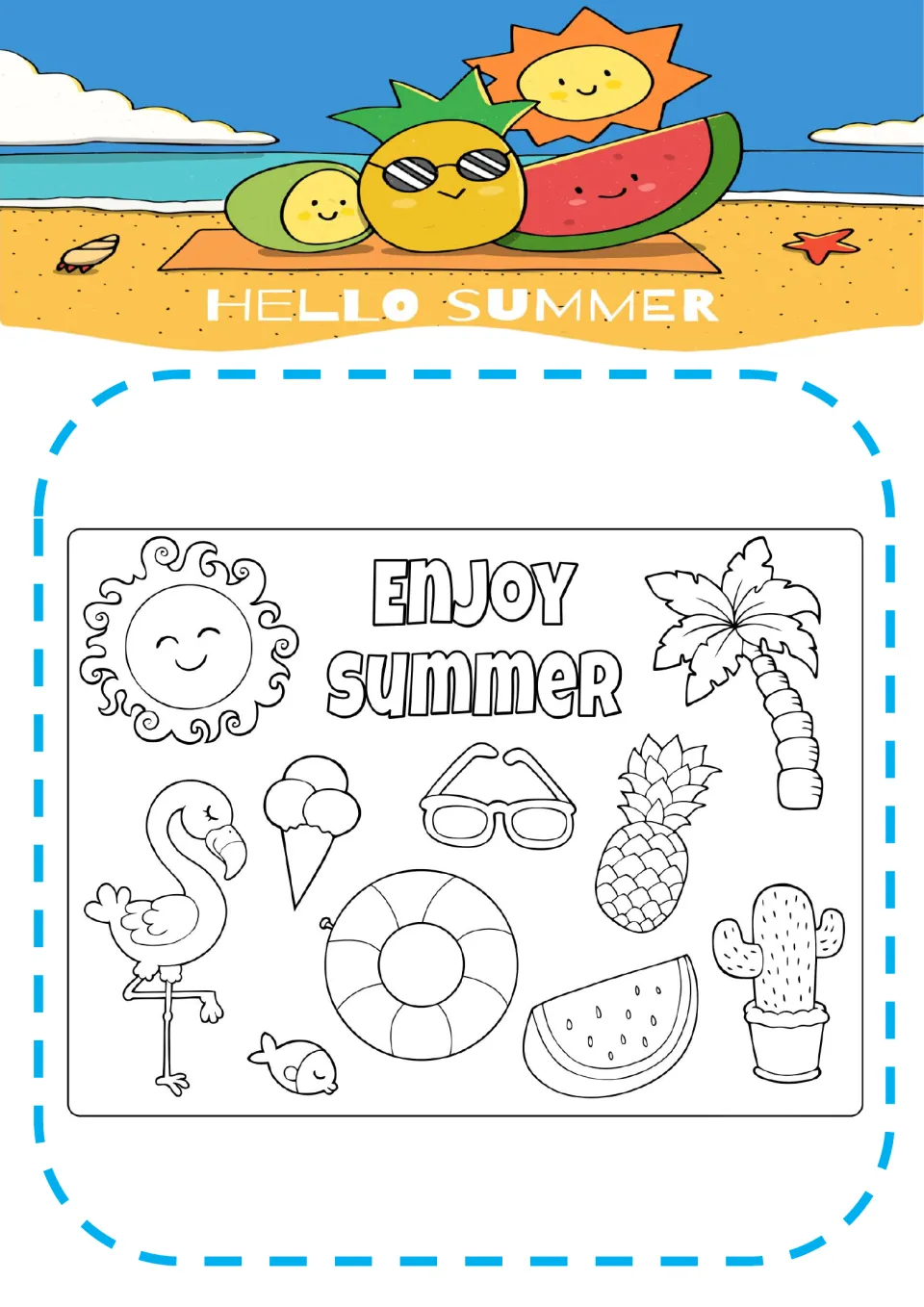 Enjoy Summer coloring page: students color a sun, palm tree, flamingo, ice cream, sunglasses, pineapple, swim ring, cactus