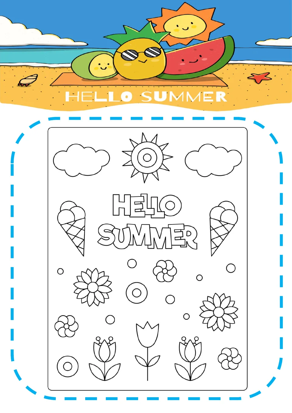 Hello Summer coloring page: students color bubble letters framed by clouds, a sun, ice cream cones, flowers and tulips