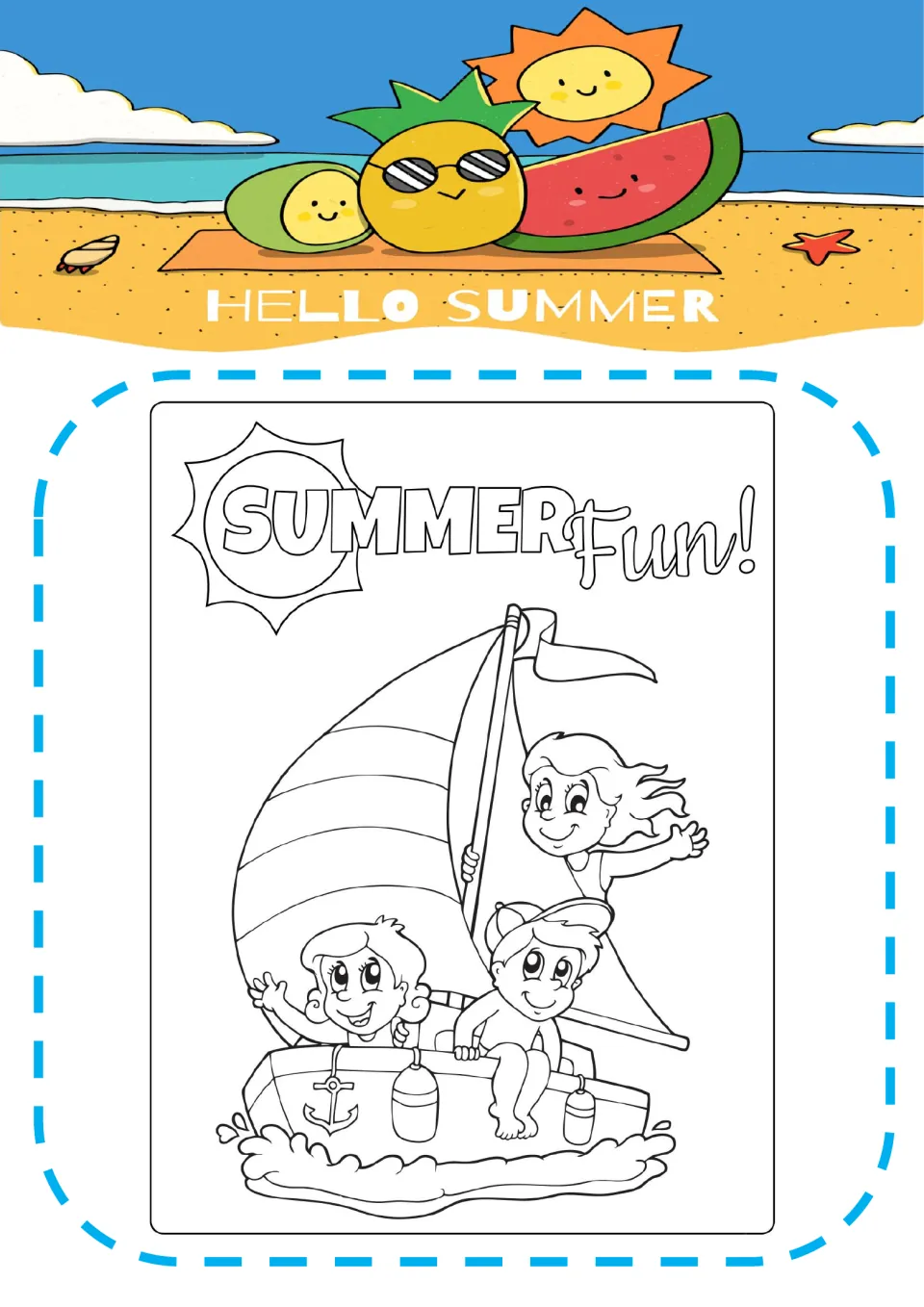 Summer Fun! coloring page: students color three children waving from a sailboat with a striped sail and an anchor