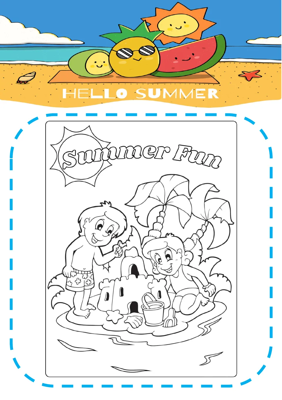 Summer Fun coloring page: students color a boy and girl building a sandcastle with a bucket and shovel under palm trees