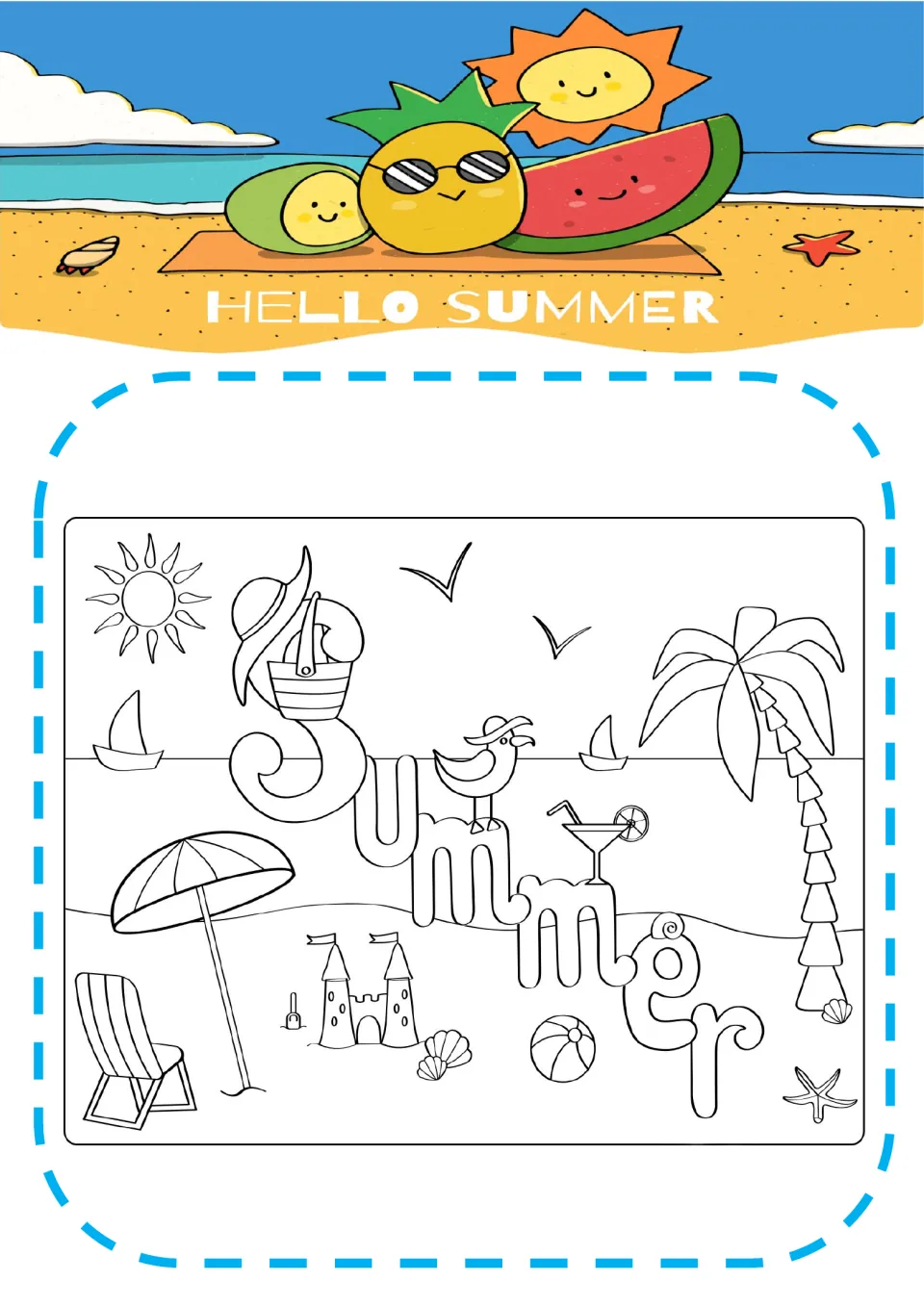 Summer beach scene to color: the word Summer in looping letters among an umbrella, chair, sandcastle, beach ball, palm tree