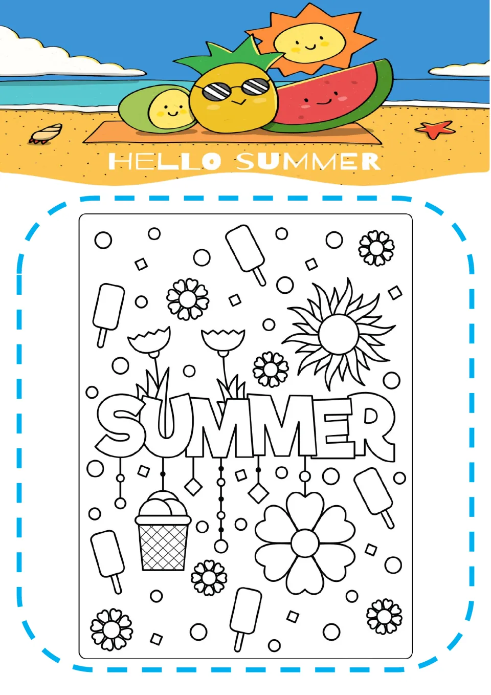 SUMMER bubble-letter coloring page: students color the word among popsicles, flowers, a big sun and an ice cream cup