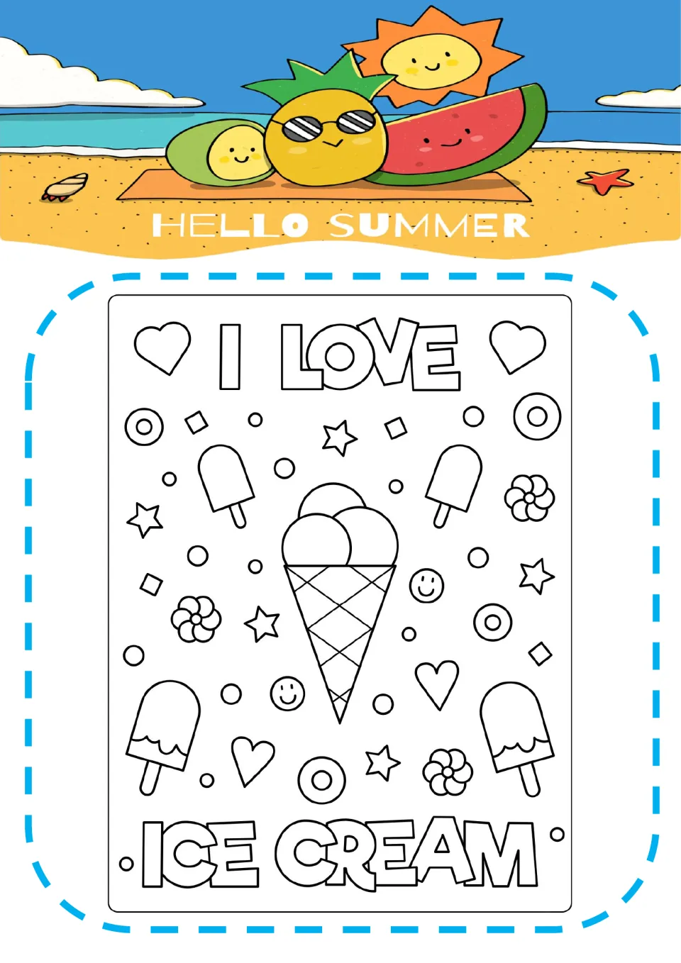 I Love Ice Cream coloring page: students color a large ice cream cone surrounded by popsicles, hearts, stars and flowers