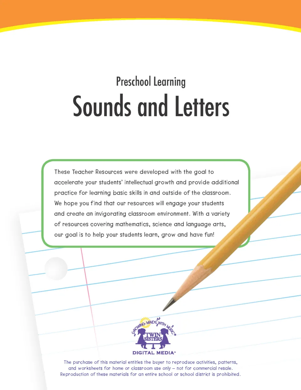 Preschool Learning Sounds and Letters cover with a note on the resources' goals and a home or classroom use only notice