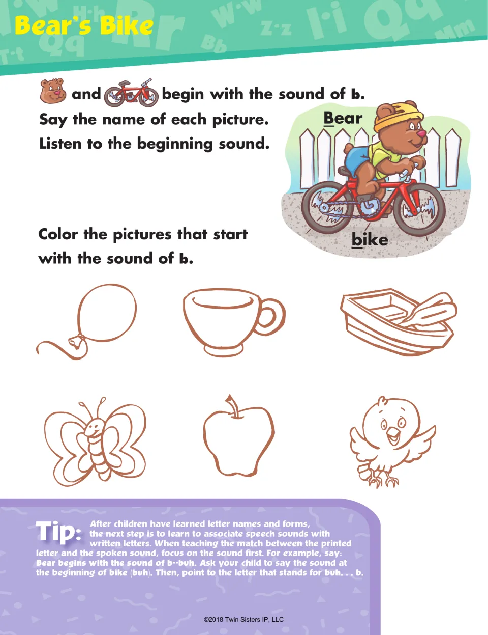 Bear's Bike, letter b sound: students name a balloon, cup, boat, butterfly, apple and bird and color those starting with b