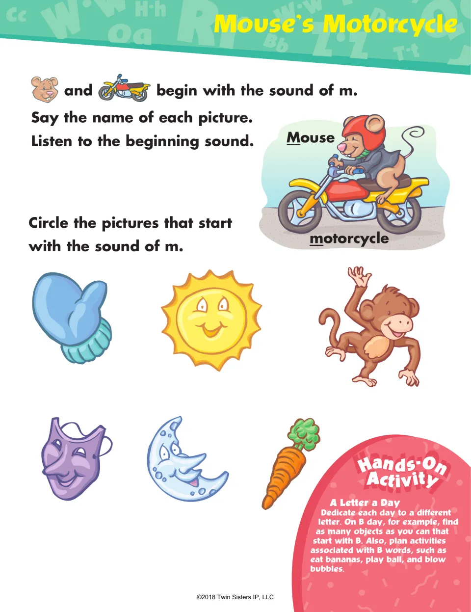 Mouse's Motorcycle, letter m sound: students circle m pictures among a mitten, sun, monkey, mask, moon and carrot