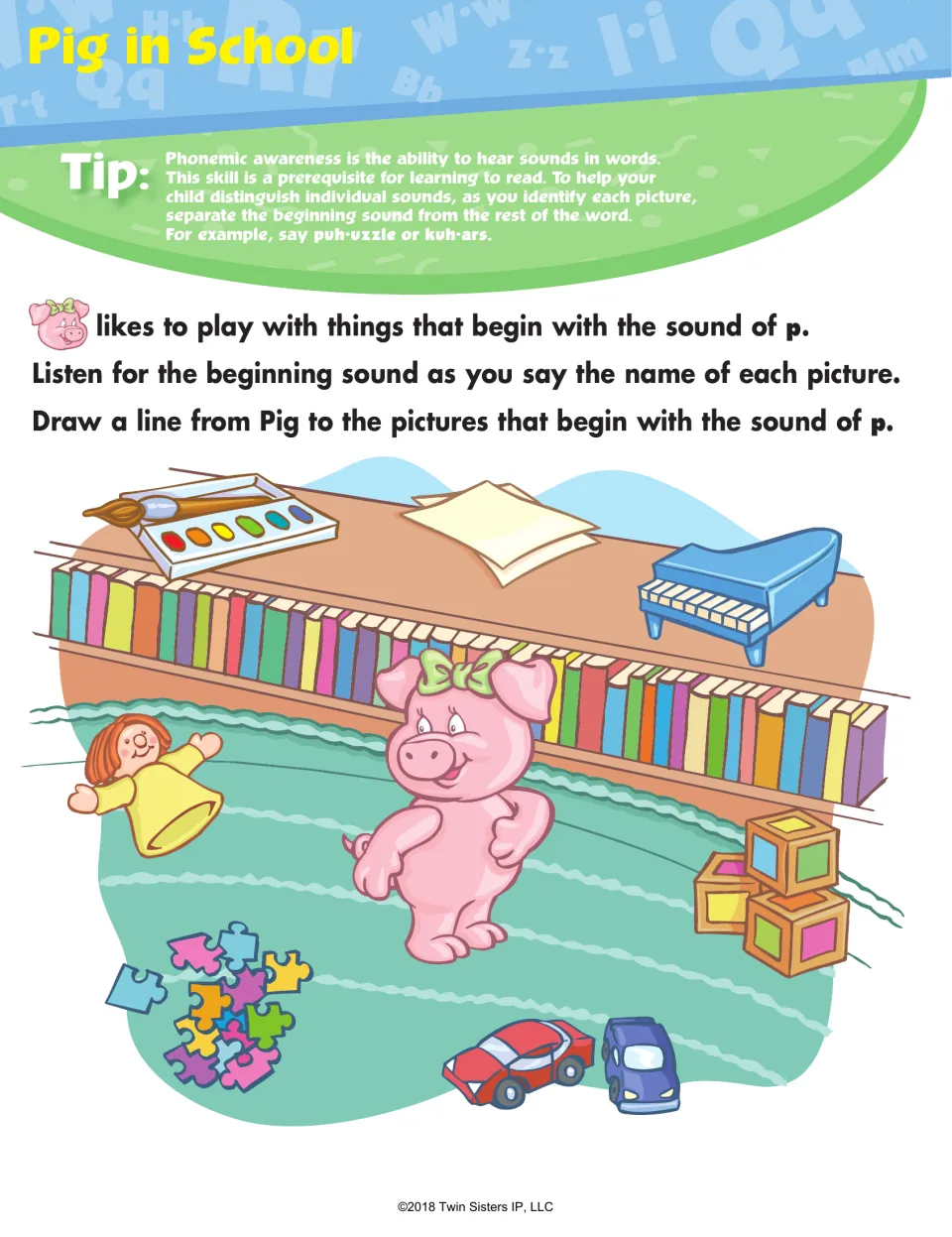 Pig in School, letter p sound: students draw lines from Pig to toys such as a puzzle, piano, paints, blocks and doll