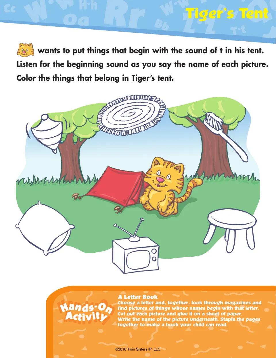 Tiger's Tent, letter t sound: students color the t pictures among a top, toothbrush, TV, pillow and small table