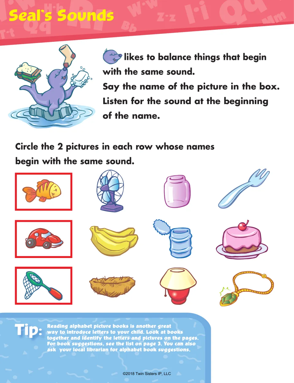 Seal's Sounds, matching first sounds: in 3 rows students circle 2 pictures that begin alike, such as fish and fan