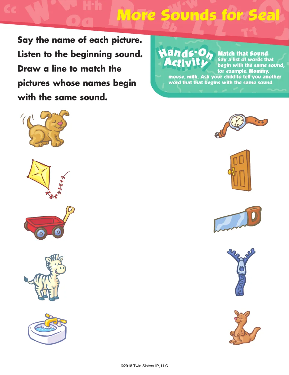 More Sounds for Seal: students draw lines between pictures that begin alike, such as dog and door or kite and kangaroo