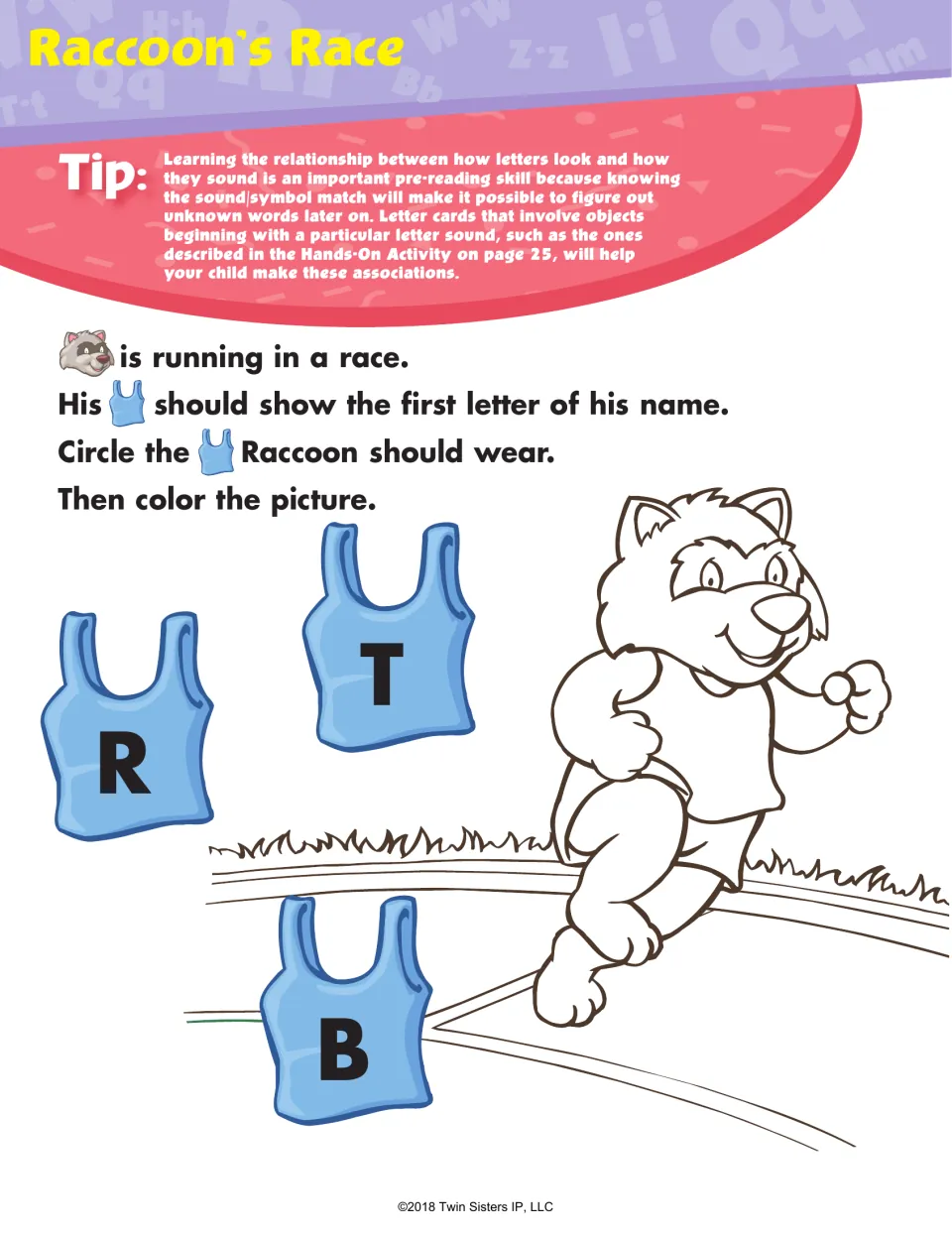 Raccoon's Race, first-letter match: students circle which shirt, R, T or B, Raccoon should wear, then color the scene