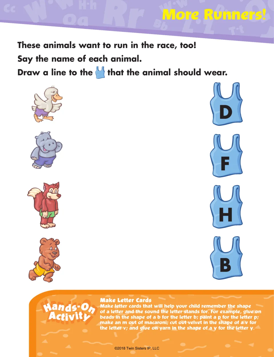 More Runners! initial letters: students draw lines from a duck, hippo, fox and bear to the shirt lettered D, F, H or B