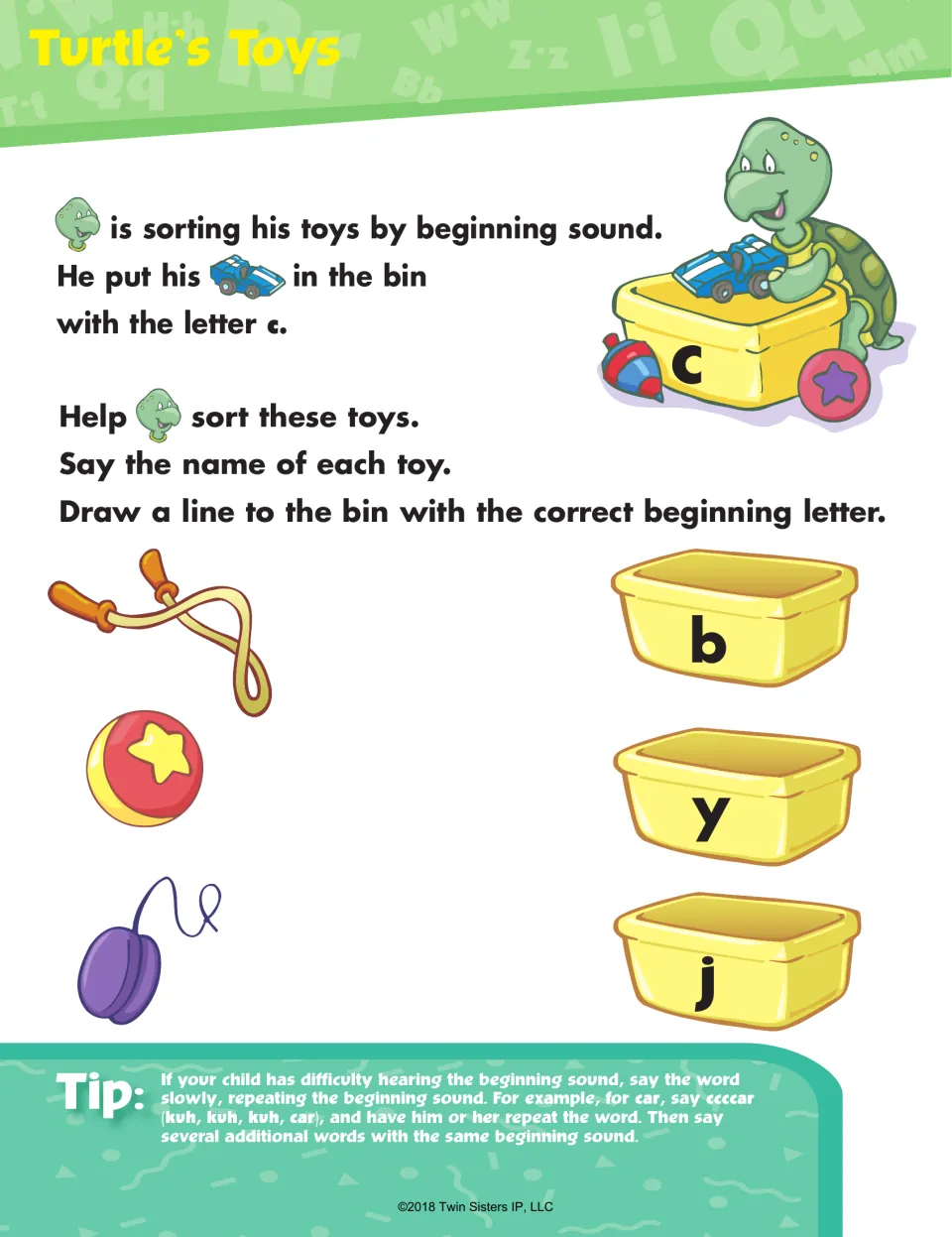 Turtle's Toys, sorting by first letter: students draw lines from a jump rope, ball and yo-yo to bins labeled b, y and j