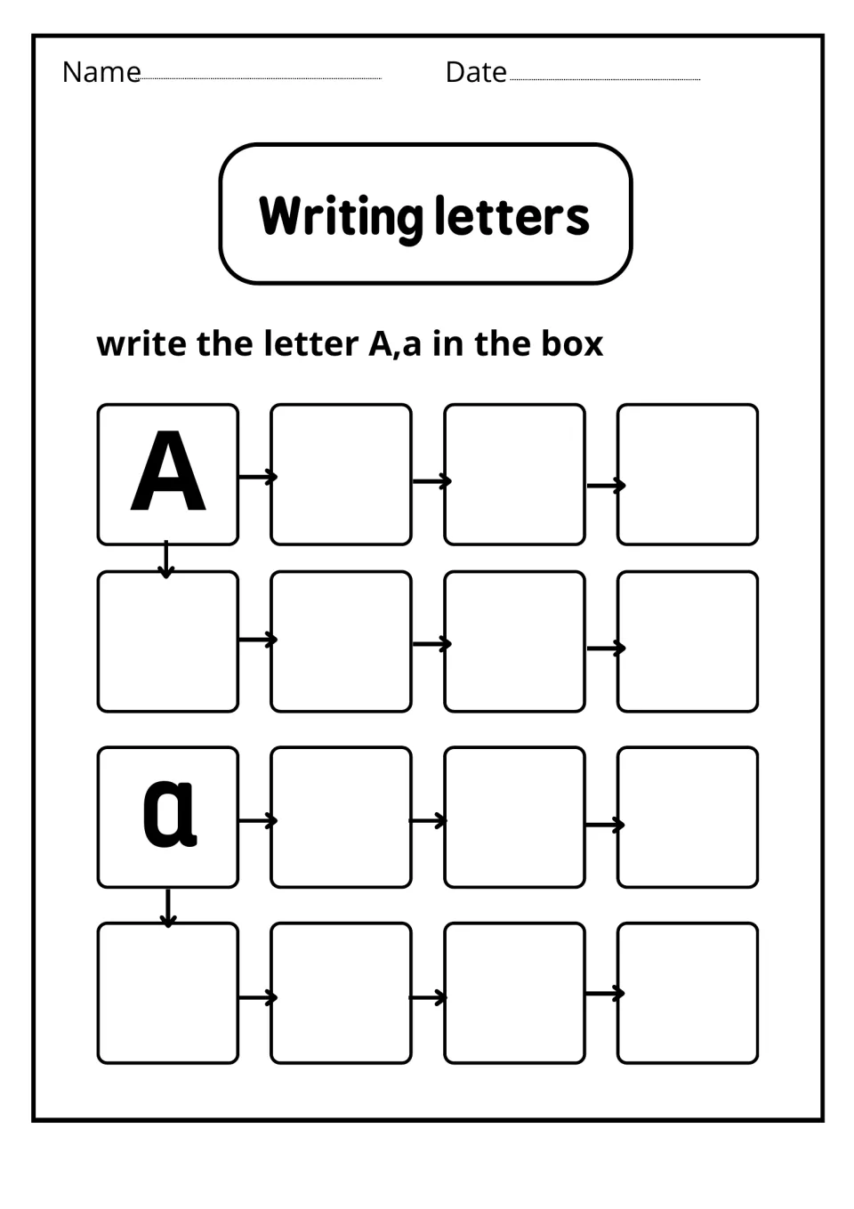 Writing letters: students copy uppercase A and lowercase a seven times each, starting from a printed model letter