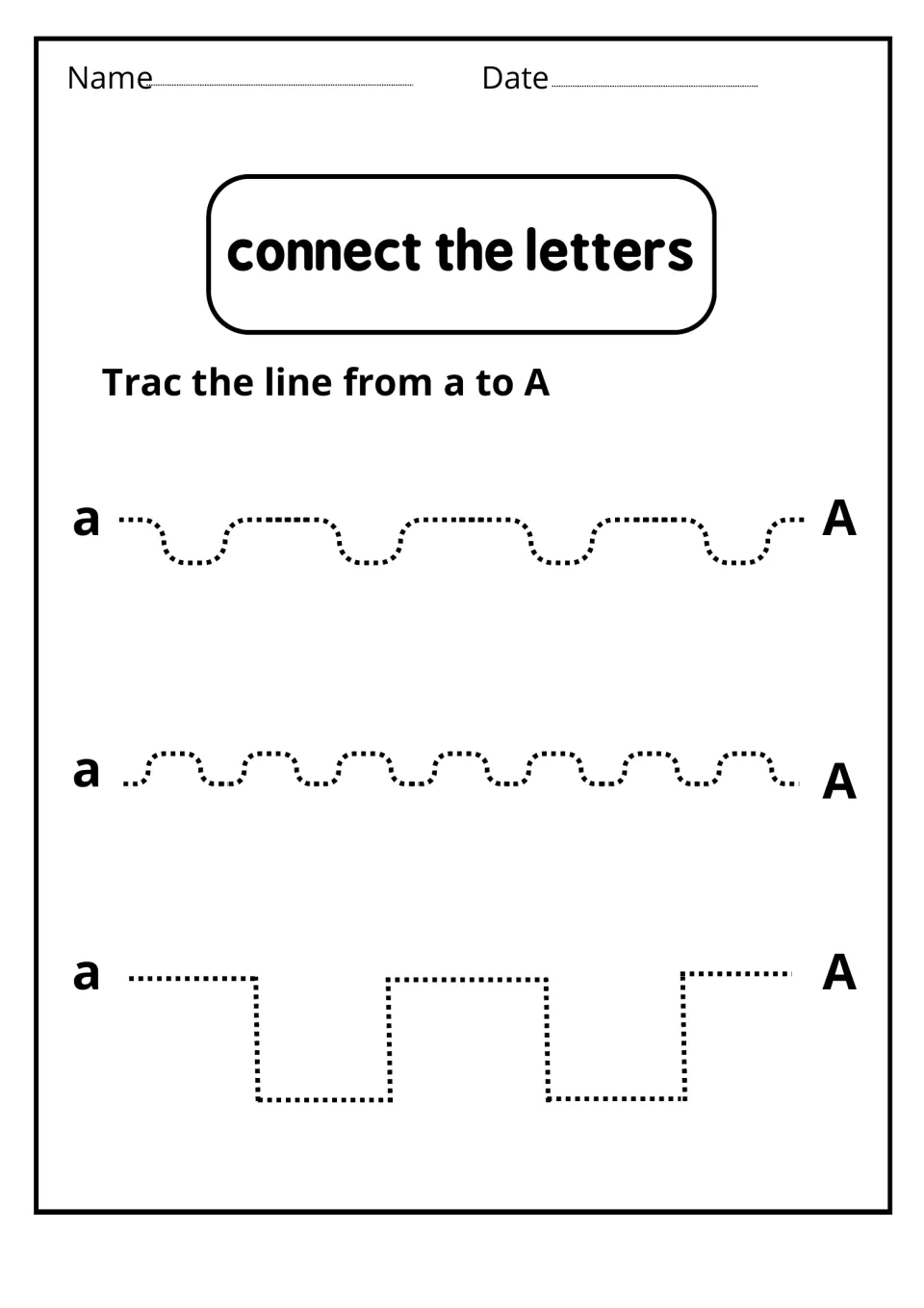 Connect the letters: students trace three dotted paths, wavy, curvy and stepped, from lowercase a to uppercase A