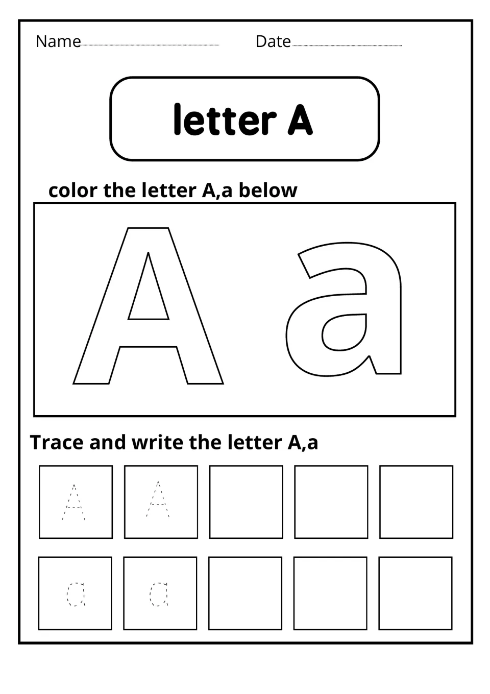 Letter A: students color a large outlined A and a, then trace two dotted copies of each and write three more