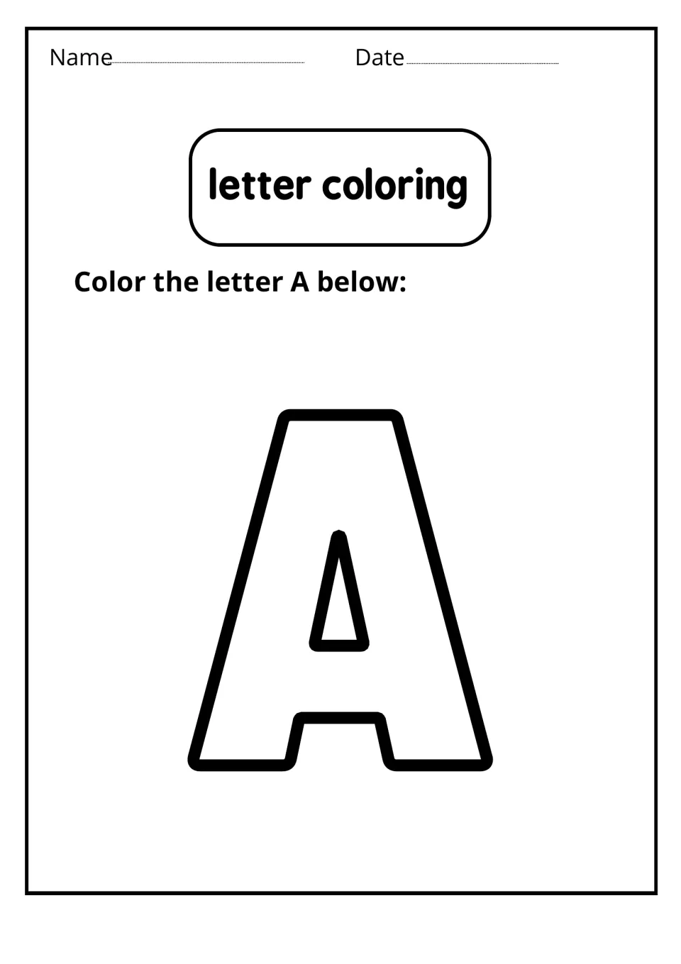 Letter coloring: students color one large outlined uppercase A, the capital form of the letter
