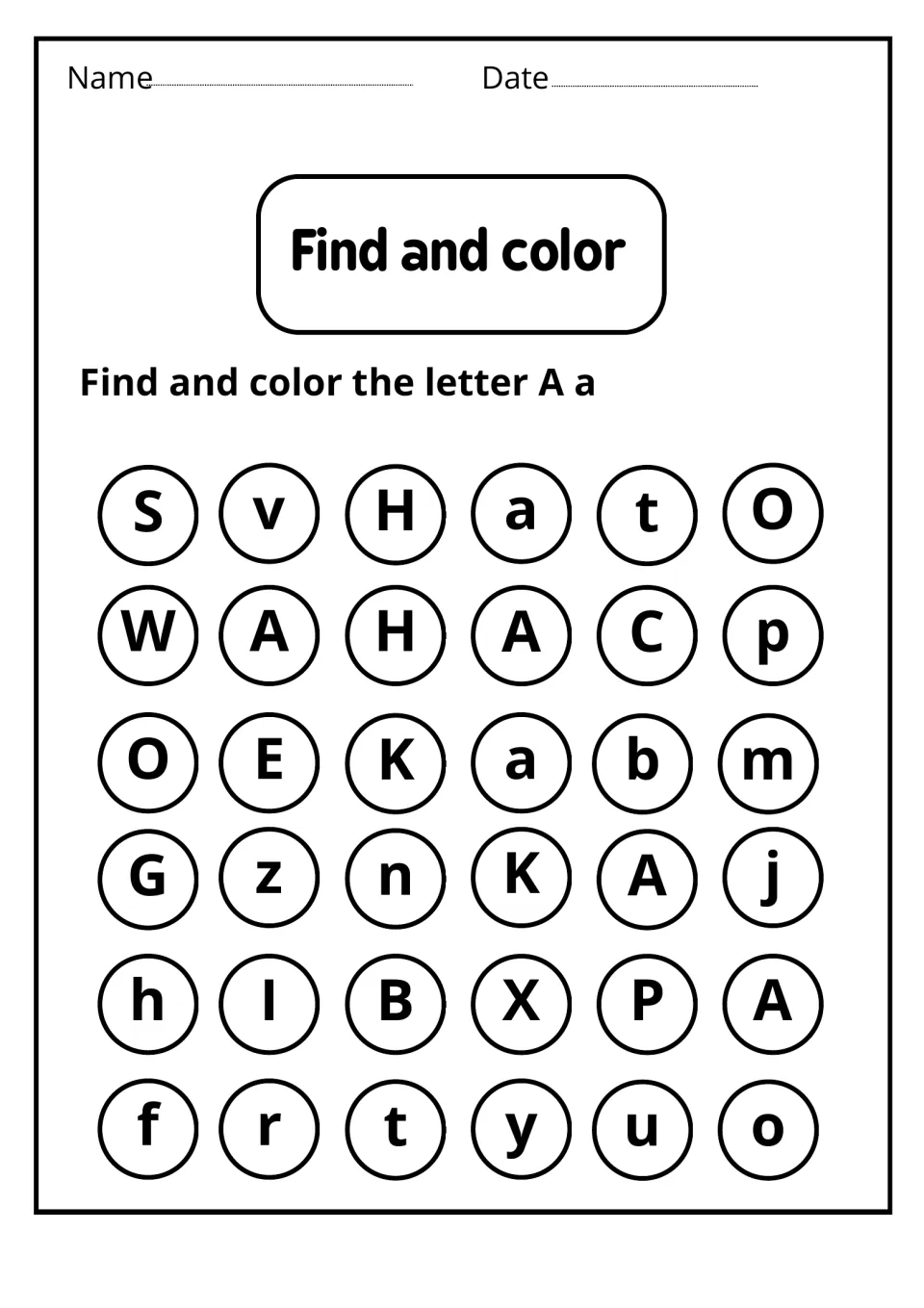 Find and color: letter recognition among 36 mixed letters; students color every A and a they find
