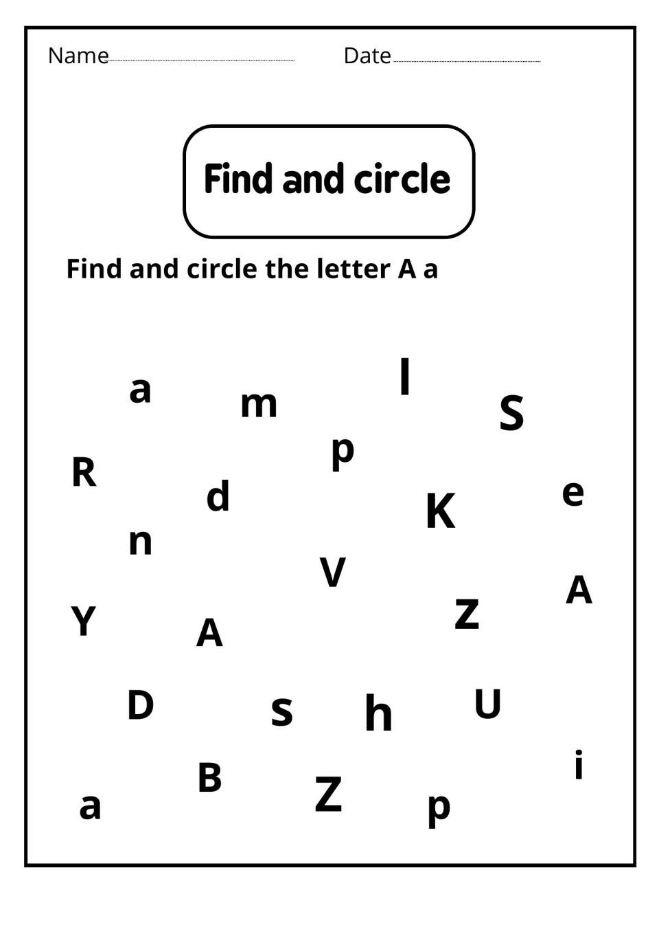 Find and circle: letter recognition; students circle each A and a scattered among other letters like R, K and Z