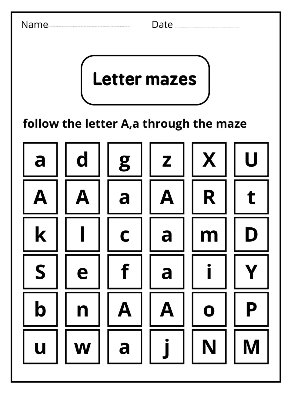 Letter mazes: students follow a path of A and a from the top-left corner to the bottom row, skipping other letters