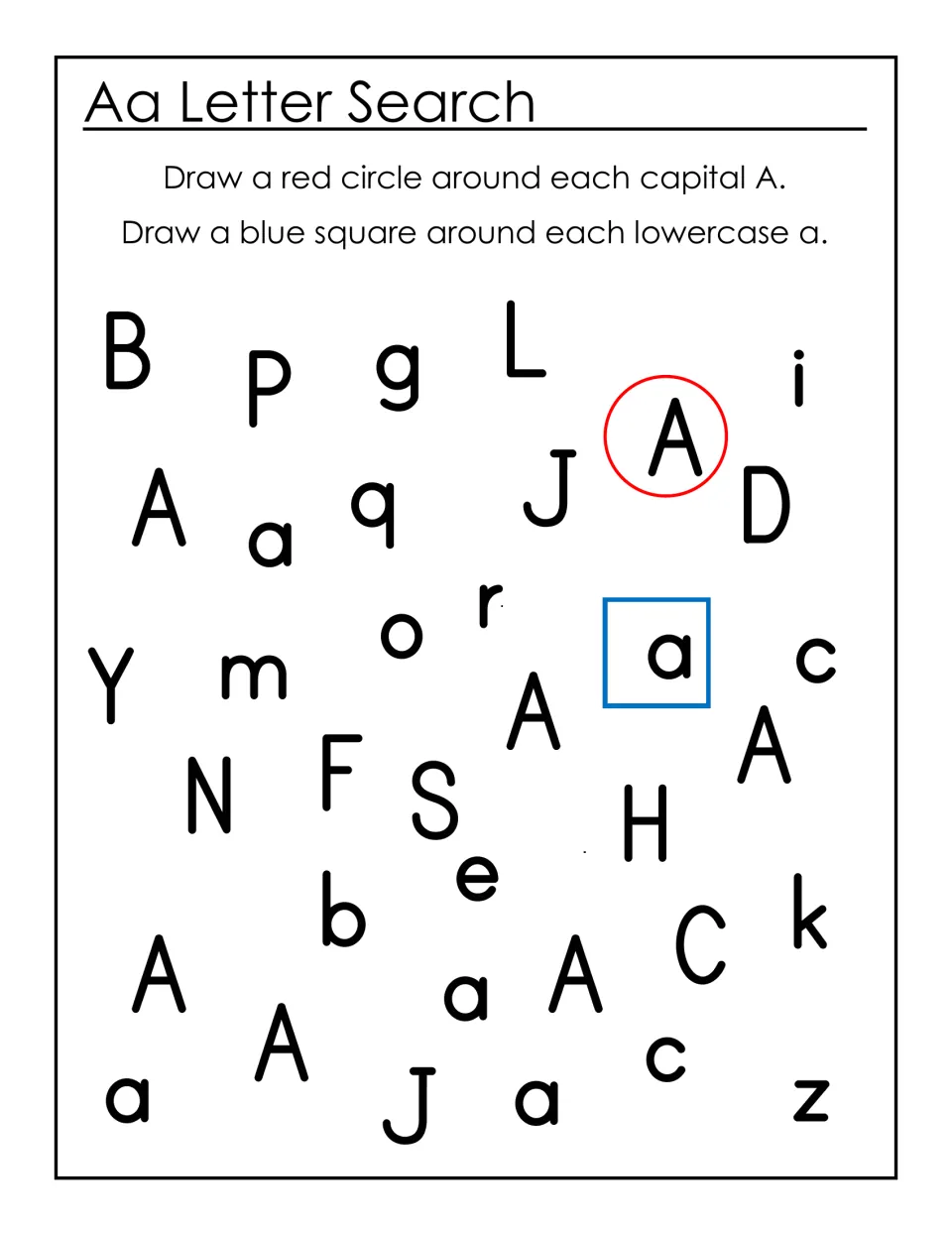 Aa Letter Search: students draw a red circle around each capital A and a blue square around each lowercase a