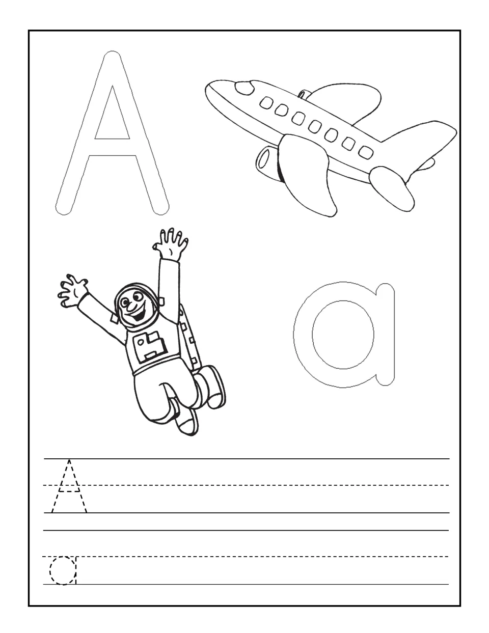 Letter A recognition: children color outlined A and a with an airplane and astronaut, then trace a dotted A and a