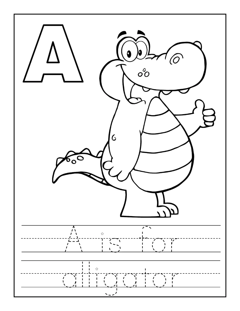 A is for alligator: children color a bold A and a smiling alligator, then trace the dotted sentence 'A is for alligator'