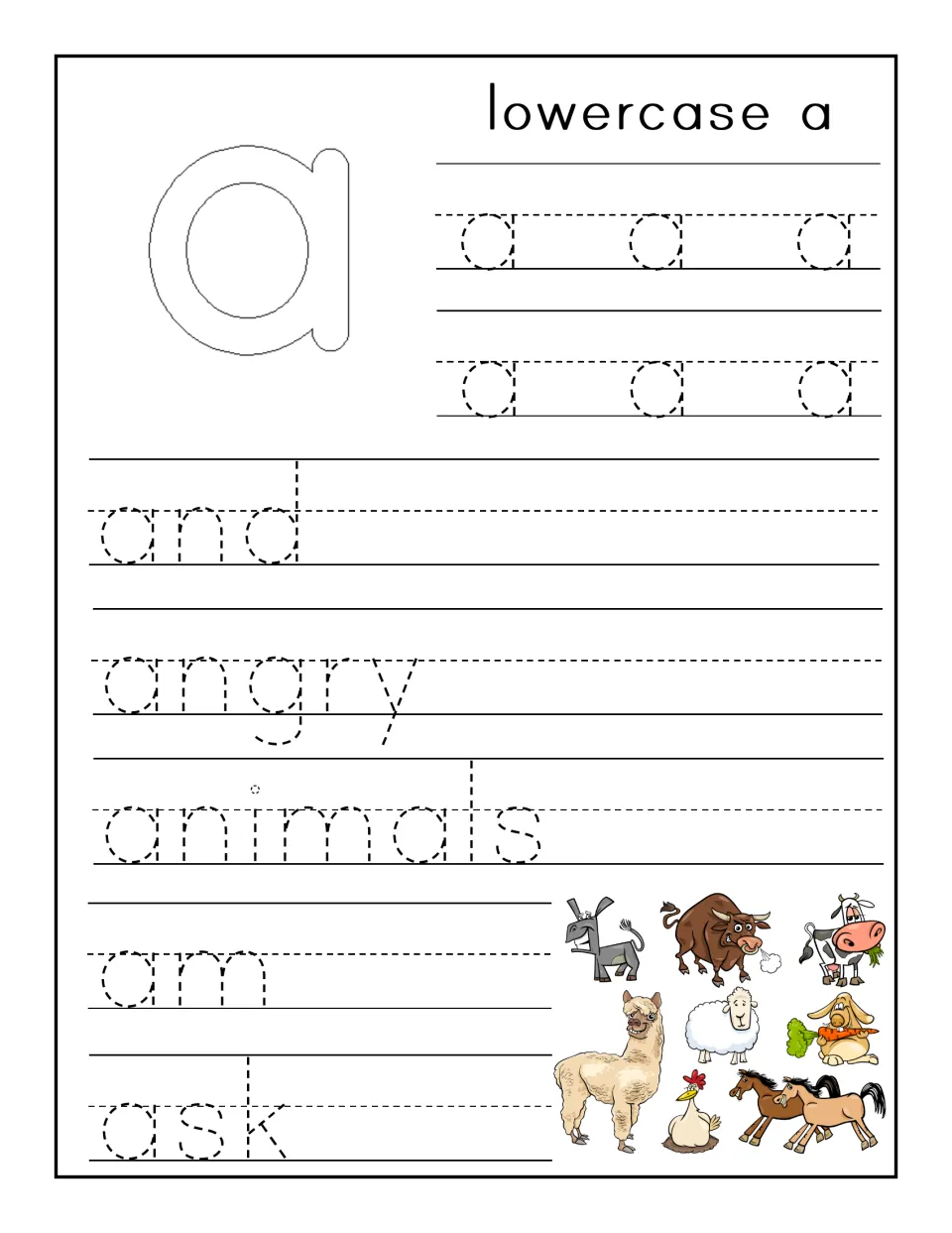 Lowercase a handwriting: children trace six dotted a's, then the words and, angry, animals, am and ask beside farm animals