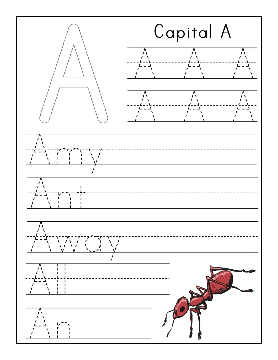 Capital A handwriting: children trace six dotted A's, then the words Amy, Ant, Away, All and An, next to a red ant drawing