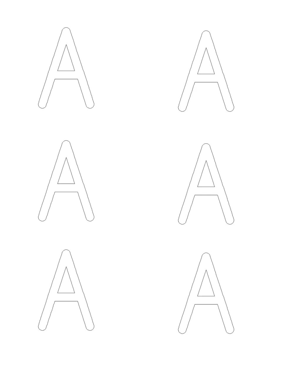 Six outlined capital A letters to print on card stock, cut out and hide around the house for children to find