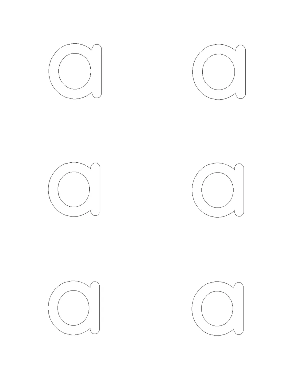 Six outlined lowercase a letters to cut out and hide, so children can practise telling lowercase a apart from capital A