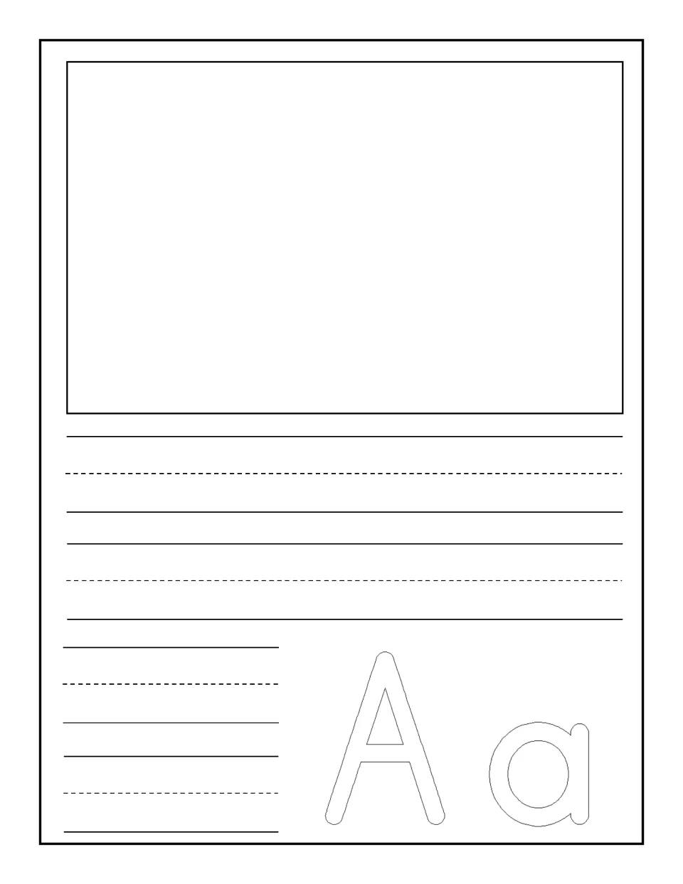 Letter A notebooking: children draw or glue a picture of an A word, write a caption and trace a large outlined Aa