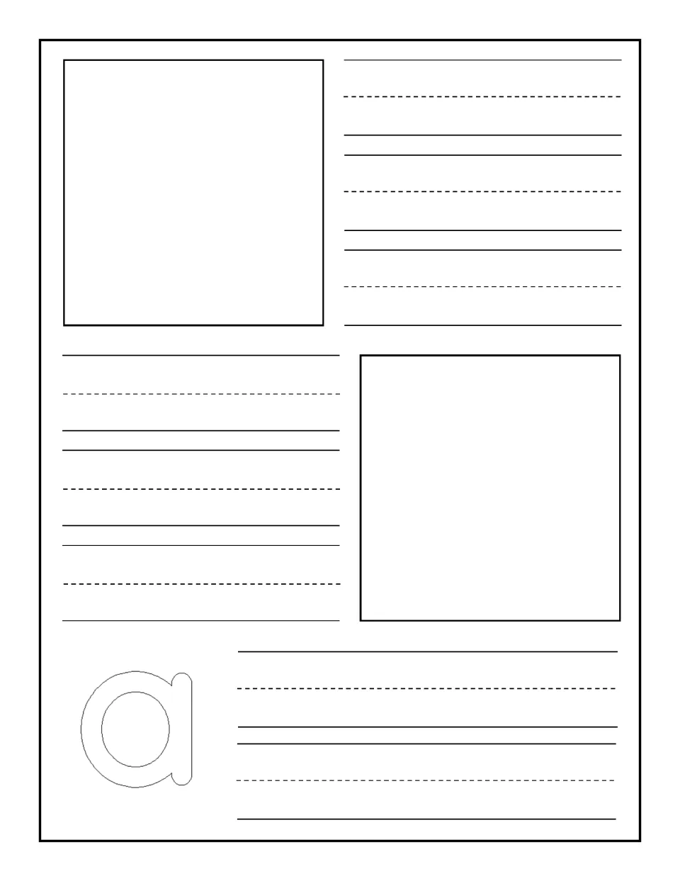 Lowercase a notebooking: children draw or glue two pictures of a-words, write about each and trace an outlined lowercase a