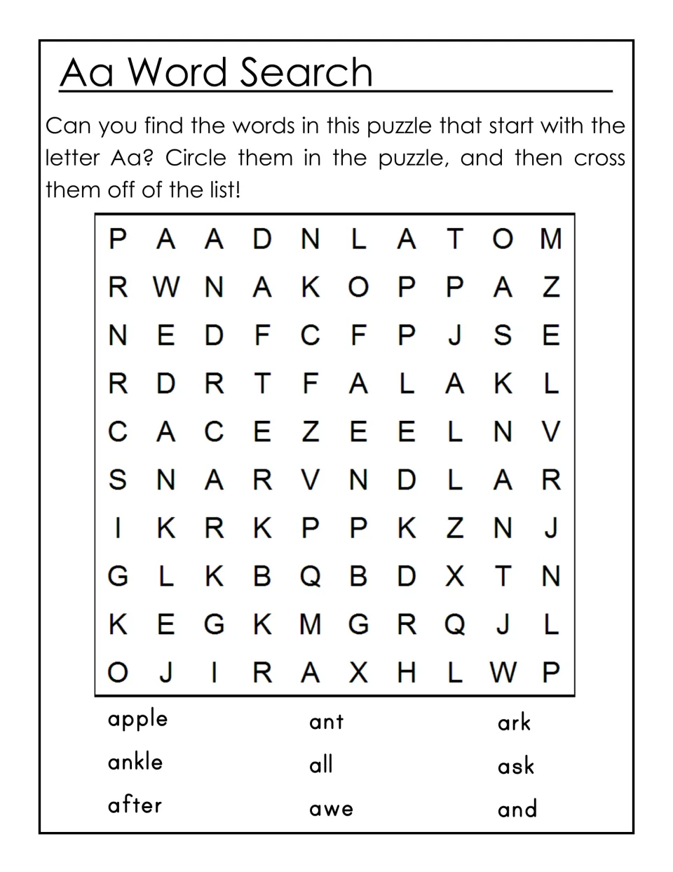 Aa word search: students circle 9 words starting with A, such as apple, ankle, ant and ask, then cross them off the list