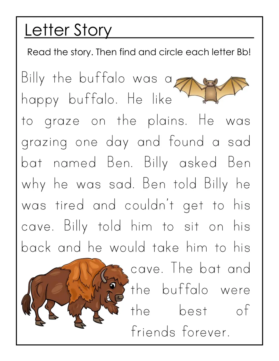 Letter B story: children read about Billy the buffalo and Ben the bat, then find and circle each letter Bb in the text
