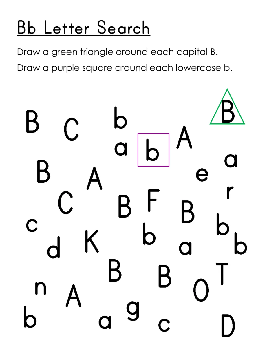Bb letter search: children draw a green triangle around each capital B and a purple square around each lowercase b