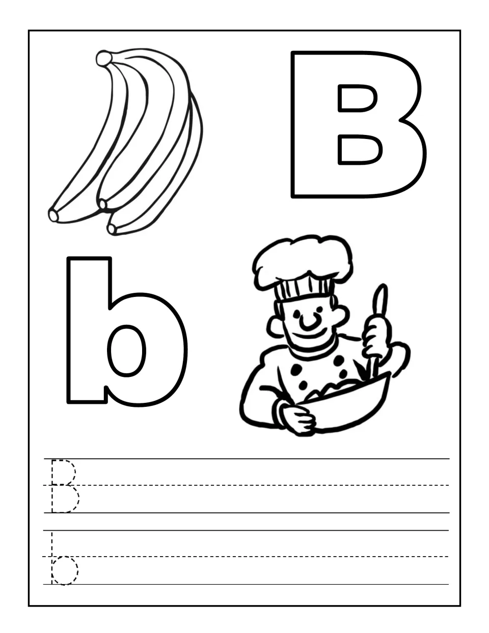 Letter B recognition: color a bubble B and b, bananas and a cook, then trace a dotted B and b