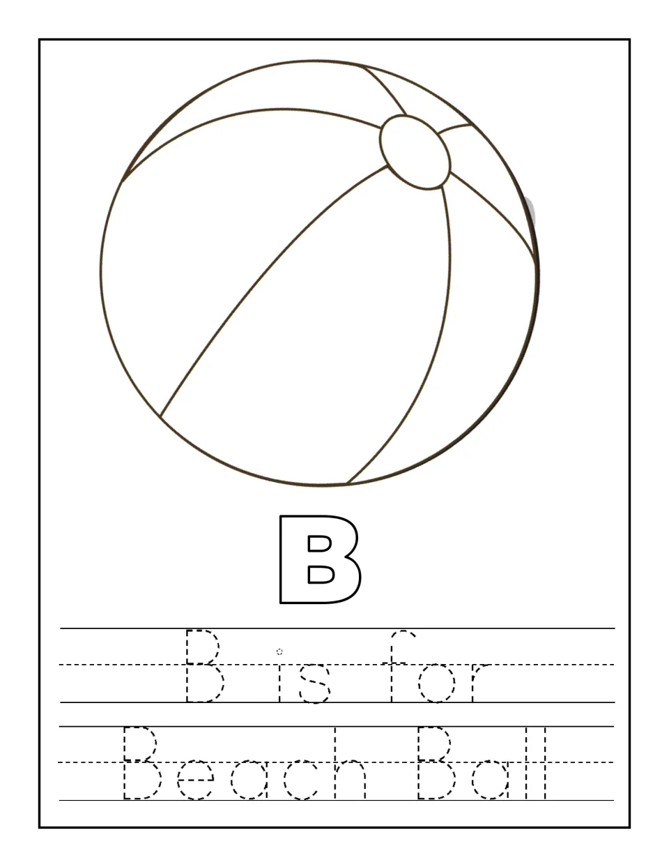 B is for Beach Ball: children color a beach ball and a bubble B, then trace the dotted sentence below
