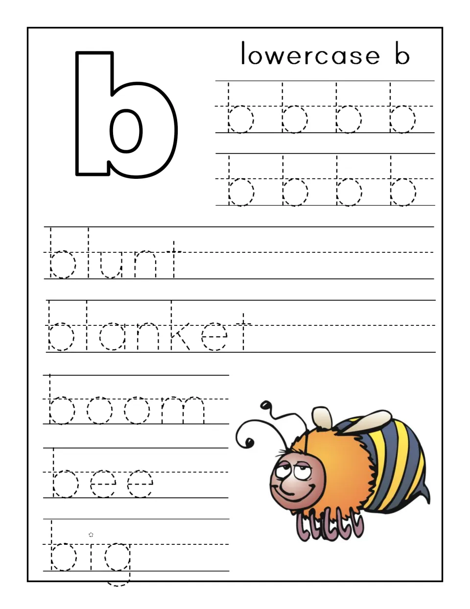 Lowercase b handwriting: trace eight dotted b letters, then the words blunt, blanket, boom, bee and big