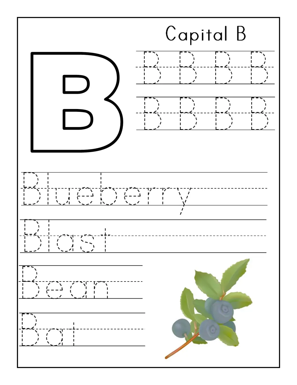 Capital B handwriting: trace eight dotted B letters, then the words Blueberry, Blast, Bean and Bat