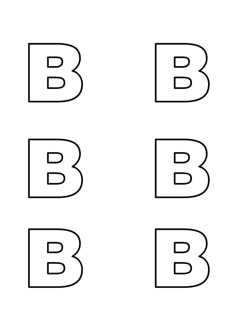 Six large outline uppercase B letters for children to cut out and hide or find during letter recognition play