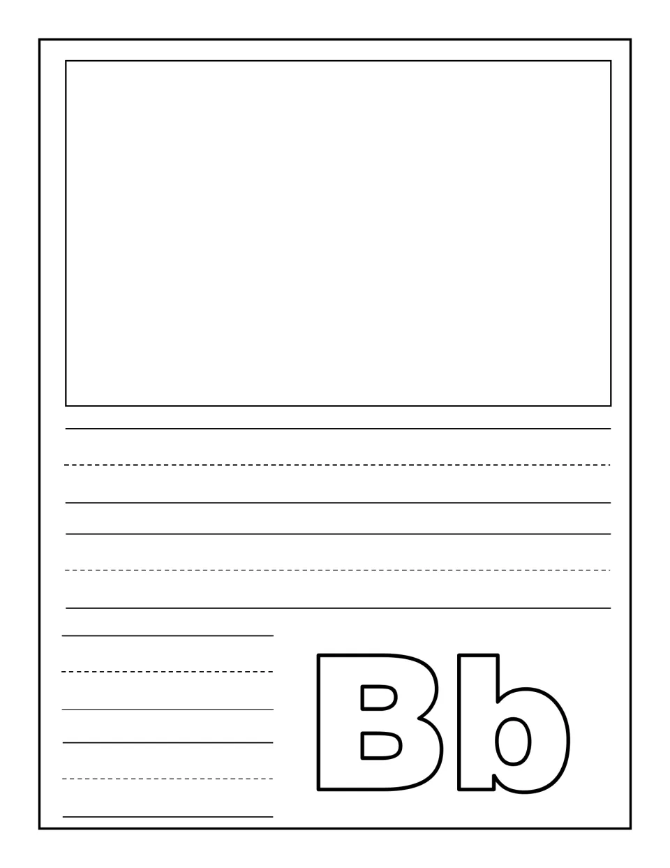Letter Bb notebooking page: students draw or glue one large picture of a B word, then write a caption or the word