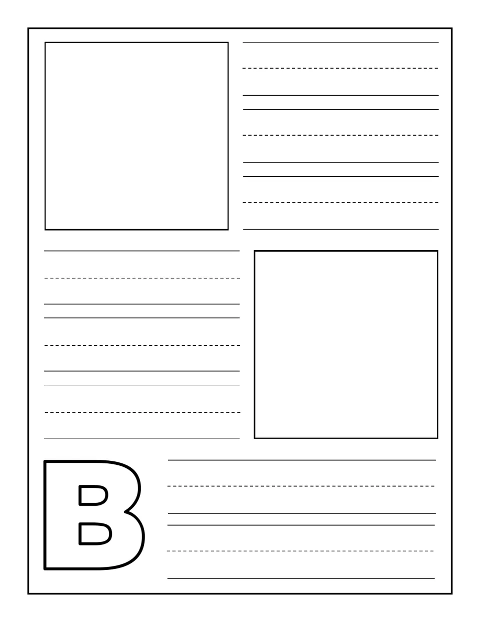 Uppercase B notebooking page: students add two pictures of things beginning with B and practise writing a word for each
