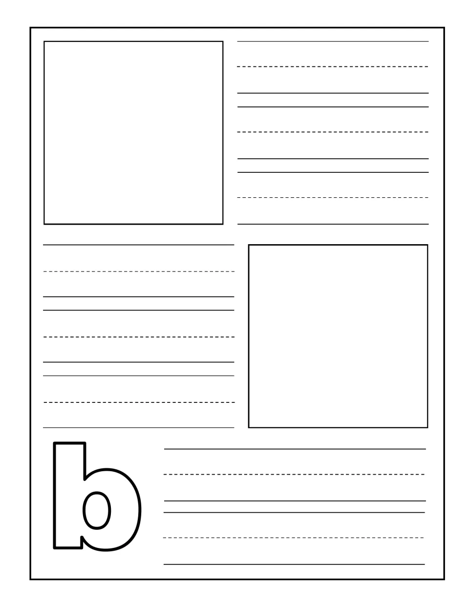 Lowercase b notebooking page: children illustrate two b words with drawings or stickers and copy each word in handwriting