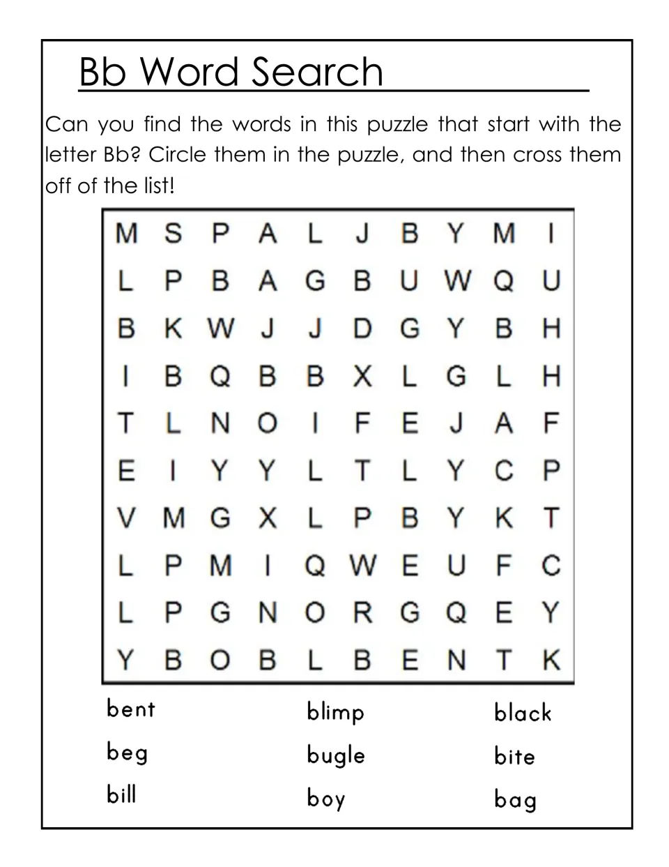 Bb Word Search: students find and circle nine B words such as bent, blimp, bugle, boy and bag, then cross them off