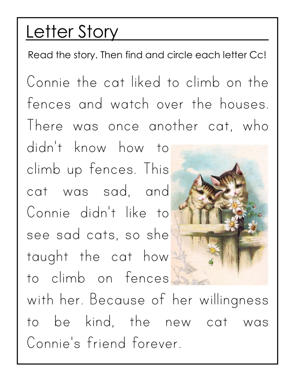 Letter C story about Connie the cat teaching another cat to climb fences; students read it, then circle each C and c