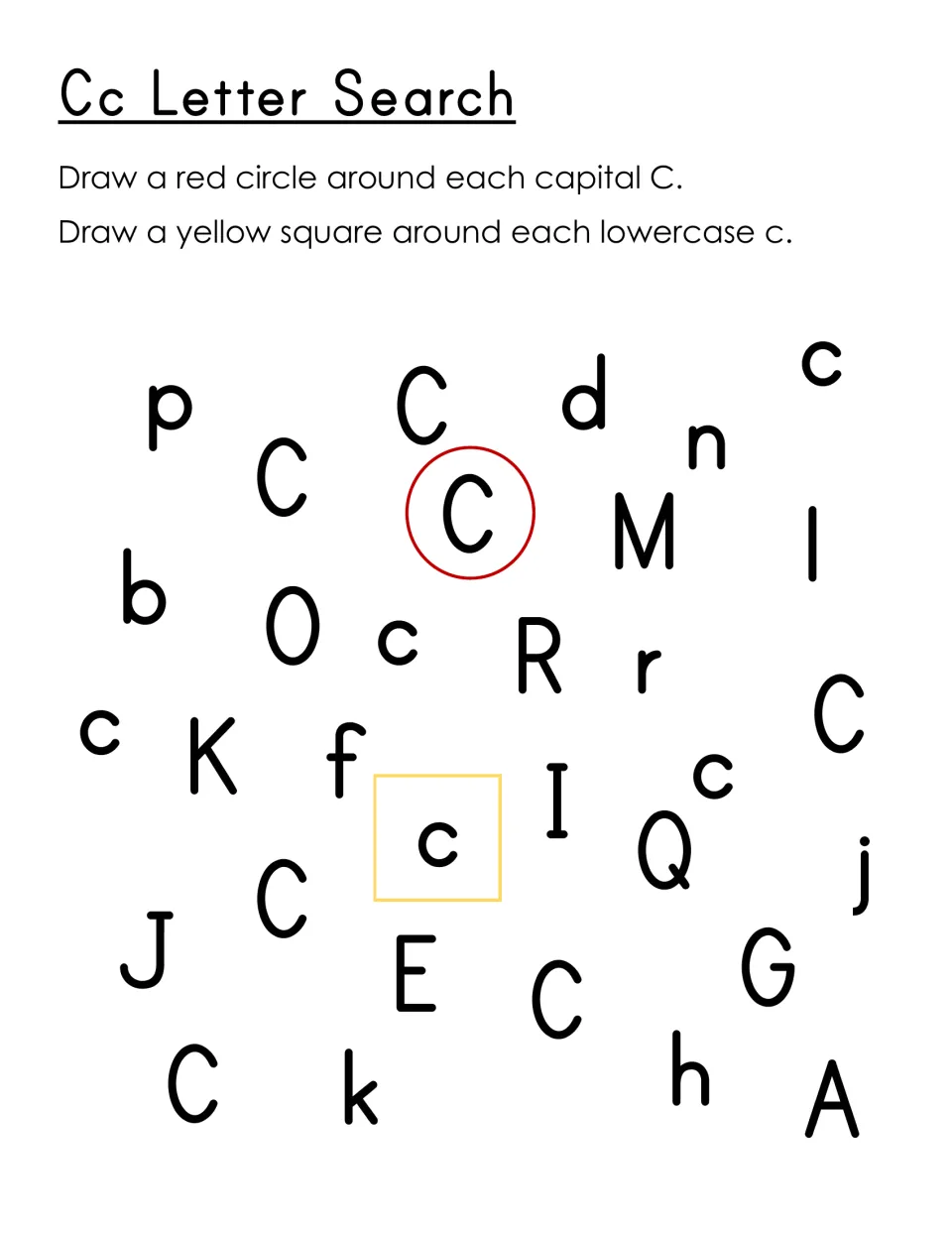 Cc letter search: students draw a red circle around each capital C and a yellow square around each lowercase c