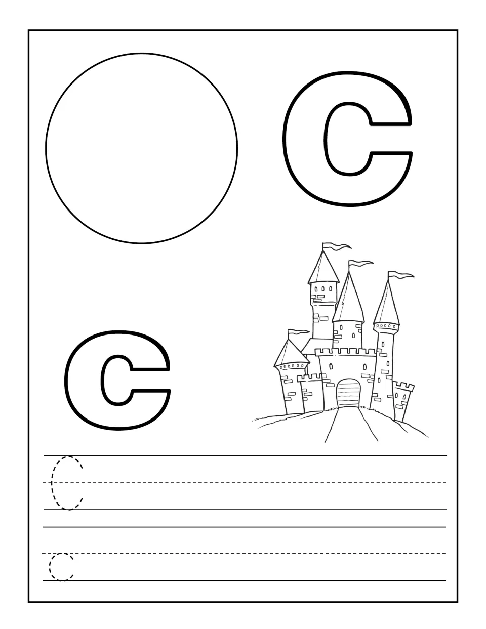 Letter C coloring and tracing: students color outlined C, c and a castle, then trace dotted capital and lowercase c