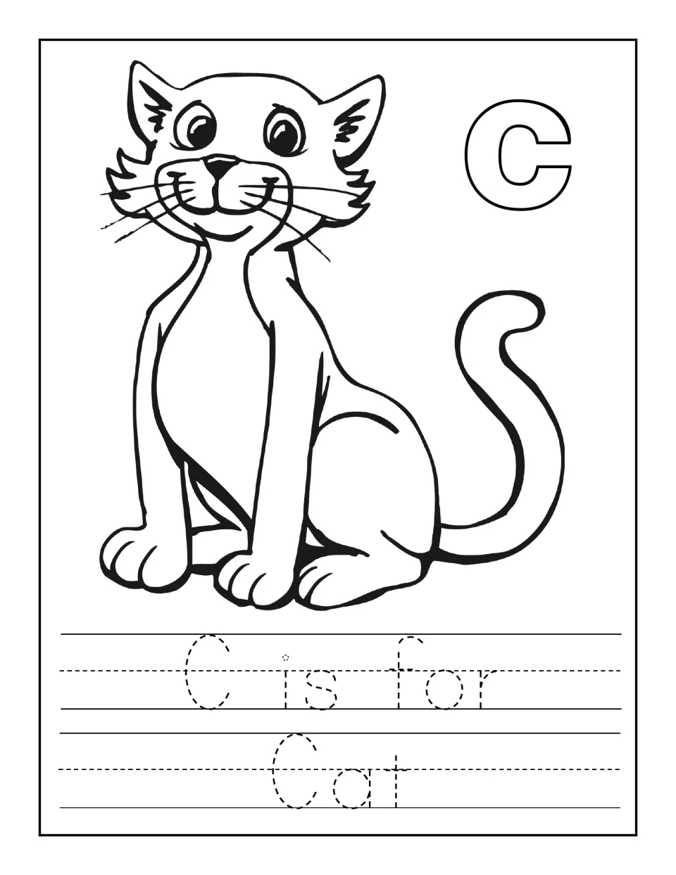 C is for cat handwriting: students color a sitting cat and outline c, then trace the dotted sentence 'C is for Cat'